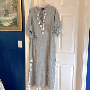Women’s Madison Mathews Blue & White Striped 100% Cotton White Tassel Tunic